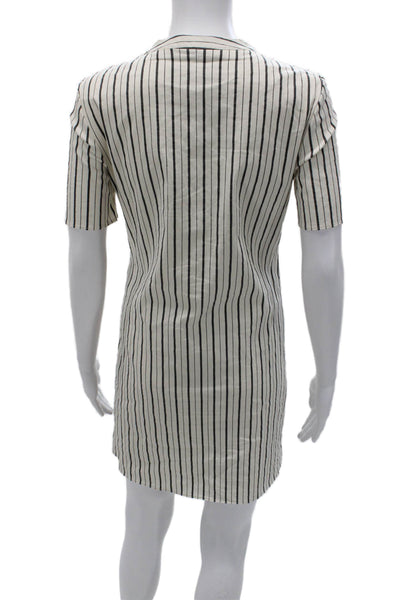 Theory Women Beige Striped Shirt Dress Short Sleeve Crew Neck Button Size S