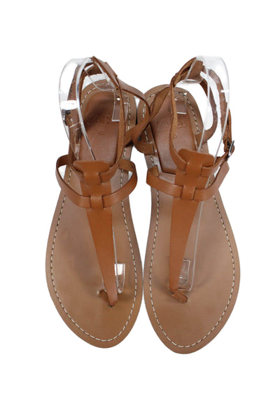 Zara Womens Vegan Leather Flat Thong Sandals Shoes Brown Size 10
