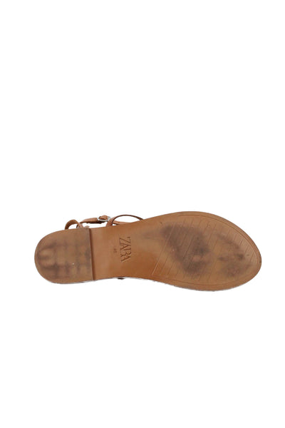 Zara Womens Vegan Leather Flat Thong Sandals Shoes Brown Size 10