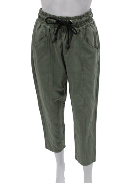 Zara Women Cropped Jogger Pants Green Drawstring Lyocell Cotton Size S