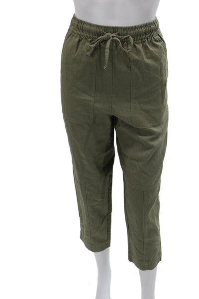 Zara Women Cropped Jogger Pants Green Linen Viscose Drawstring Size S