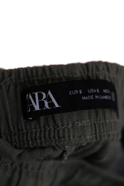 Zara Women Cropped Jogger Pants Green Linen Viscose Drawstring Size S