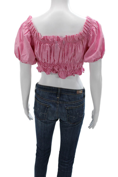 Zara Women Cropped Blouse Pink Square Neck Short Sleeve Polyester Blend Size M
