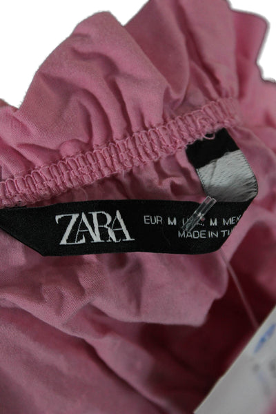Zara Women Cropped Blouse Pink Square Neck Short Sleeve Polyester Blend Size M