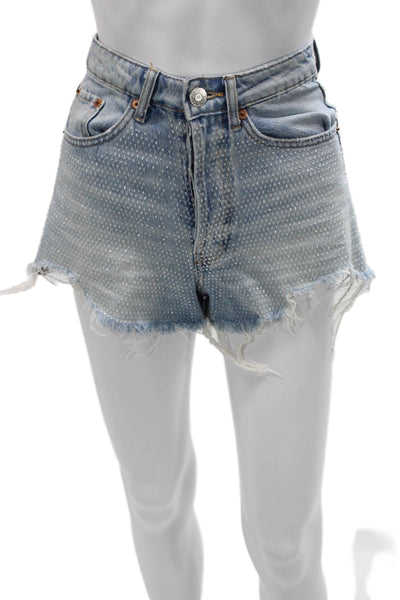 Zara Womens Light Blue Polka Dot Cotton Blend Button Front Shorts Size 0