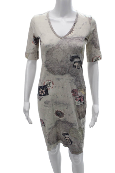 Paul Smith Women Beige V-Neck Cotton Sheath Midi Short Sleeve Size S