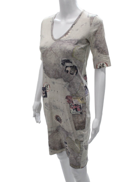 Paul Smith Women Beige V-Neck Cotton Sheath Midi Short Sleeve Size S