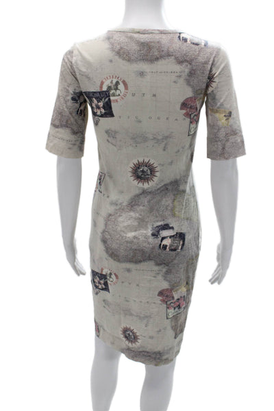Paul Smith Women Beige V-Neck Cotton Sheath Midi Short Sleeve Size S