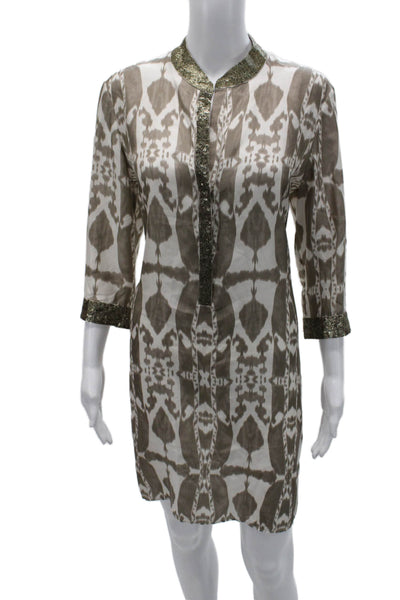 Marie France Van Damme Women Kaftan Shirt Dress Beige Silk 3/4 Sleeve Size S