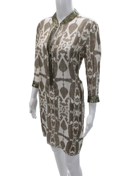 Marie France Van Damme Women Kaftan Shirt Dress Beige Silk 3/4 Sleeve Size S