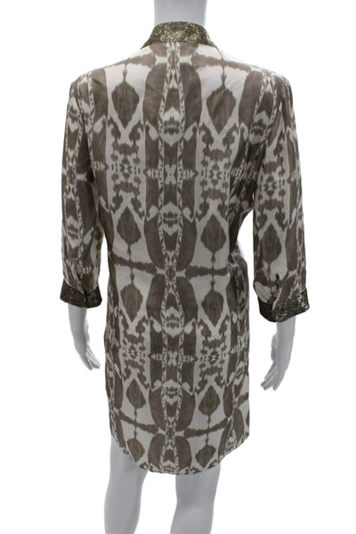 Marie France Van Damme Women Kaftan Shirt Dress Beige Silk 3/4 Sleeve Size S