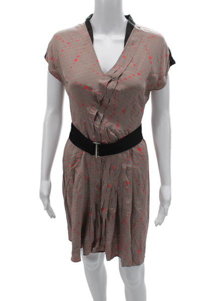 Vena Cava Women Shirt Dress Beige Silk V Neck Short Sleeve Geometric Size S