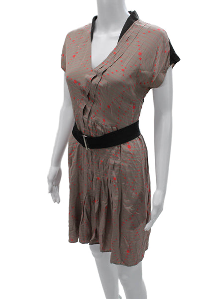 Vena Cava Women Shirt Dress Beige Silk V Neck Short Sleeve Geometric Size S