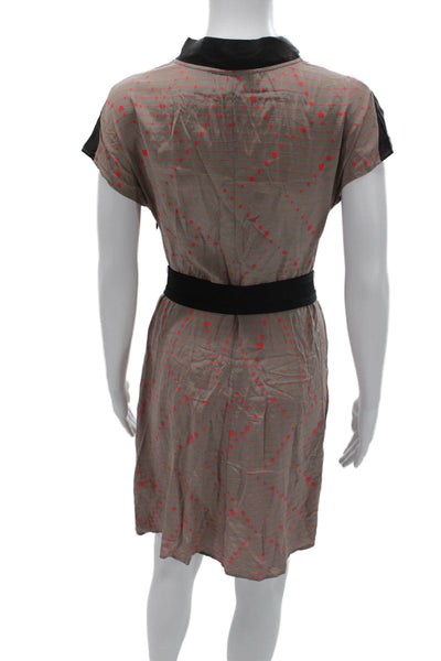Vena Cava Women Shirt Dress Beige Silk V Neck Short Sleeve Geometric Size S