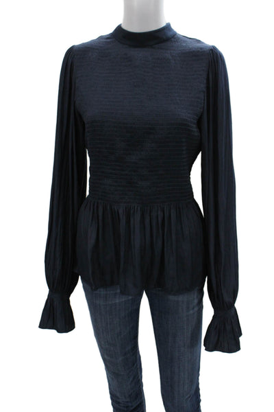 Ramy Brook Womens Dark Blue Mock Neck Zip Blouse Long Sleeve Polyester Size L