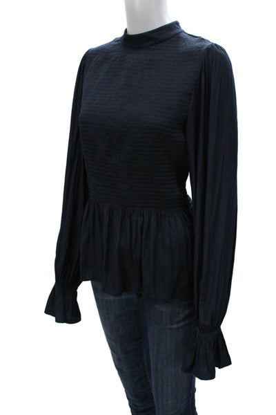 Ramy Brook Womens Dark Blue Mock Neck Zip Blouse Long Sleeve Polyester Size L