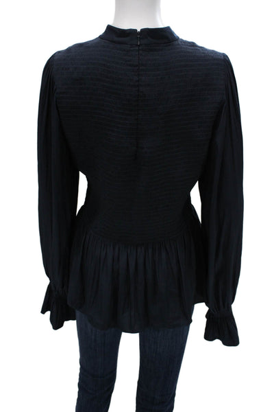 Ramy Brook Womens Dark Blue Mock Neck Zip Blouse Long Sleeve Polyester Size L