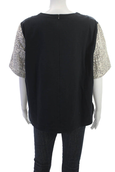 Akris Punto Womens Beige Geometric Crew Neck Short Sleeve Blouse Zip Size 16