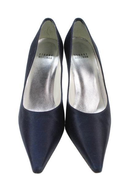 Stuart Weitzman Womens Satin Pointed Toe Pumps Navy Blue Size 8 Medium