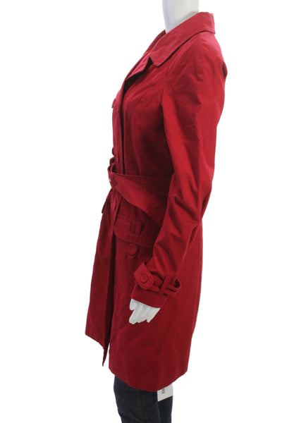 Sigrid Olsen Womens Trench Coat Red Cotton Buckle Collared Long Sleeve Size S