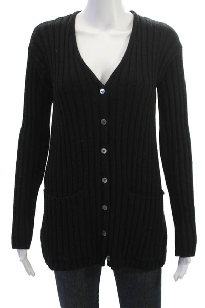 DKNY Women Cardigan Black Striped V-Neck Button Rayon Blend Long Sleeve Size S