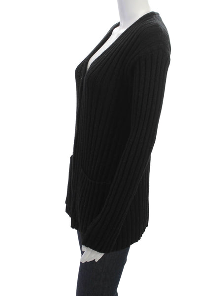 DKNY Women Cardigan Black Striped V-Neck Button Rayon Blend Long Sleeve Size S