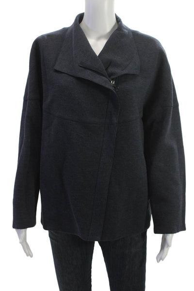 Akris Punto Women Dark Blue Virgin Wool Cotton Jacket Mock Neck Size 14