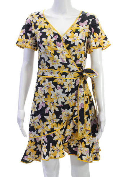 Cinq A Sept Women Black Silk Wrap Dress Short Sleeve V-Neck Size 2