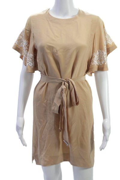 Rungolee Women Shift Mini Dress Beige Polyester Round Neck Short Sleeve Size XS
