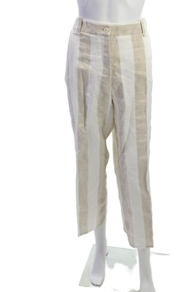 Via Masini 80 Women Cropped Ankle Striped Linen Cotton Pants Beige Size 48