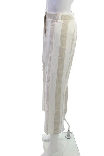 Via Masini 80 Women Cropped Ankle Striped Linen Cotton Pants Beige Size 48