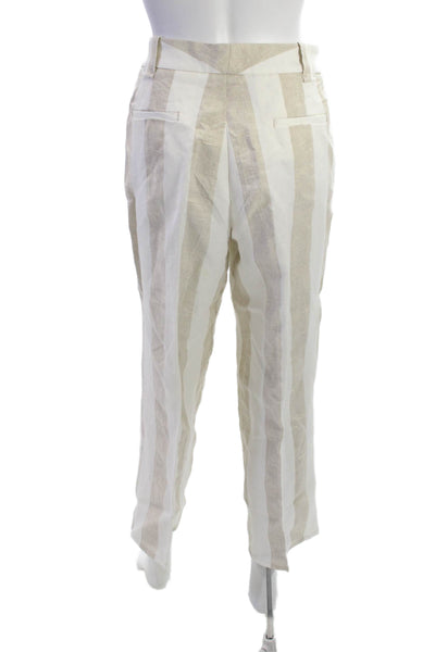 Via Masini 80 Women Cropped Ankle Striped Linen Cotton Pants Beige Size 48