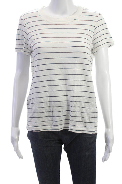 Stateside Womens Striped White Linen Blend Crewneck Short Sleeve Tee Size M