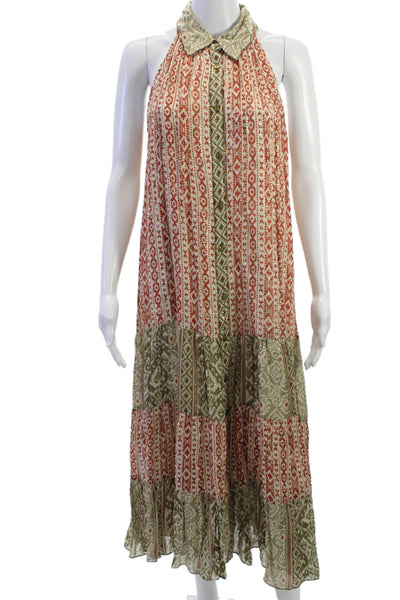Zara Womens Maxi Shirtdress Green Geometric Boho Collared Size XS
