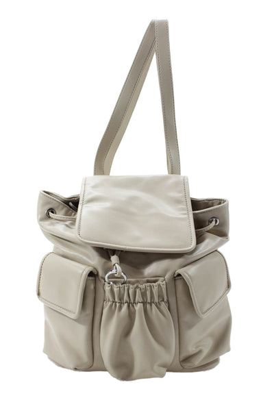 Zara Womens Double Strap Triple Pocket Front Leather Backpack Handbag Beige