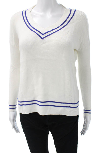 Olivaceous Womens White V-Neck Striped Pullover Sweater Size S