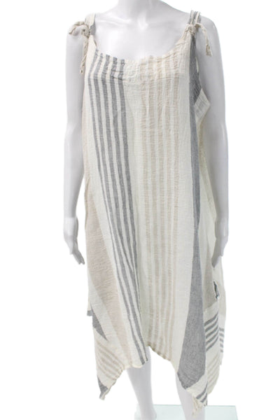 Luukaa Women Kaftan Tank Dress Beige Linen Striped Sleeveless Long Plus Size 20