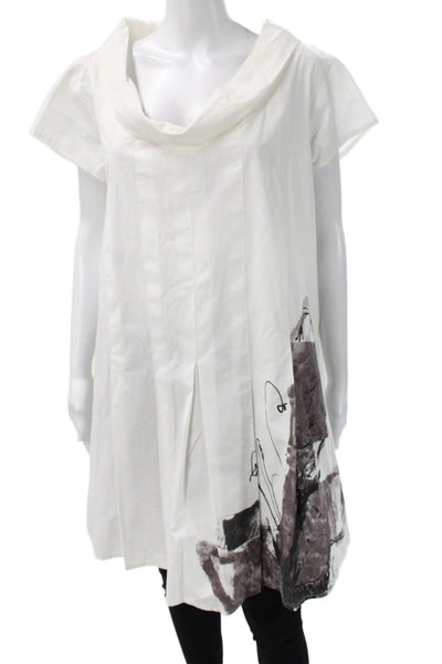Luukaa Womens A-Line Swing Graphic Cotton Blouse White Short Sleeve Size 20