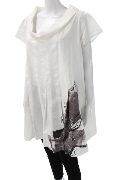 Luukaa Womens A-Line Swing Graphic Cotton Blouse White Short Sleeve Size 20