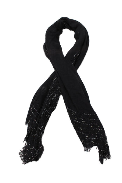 Faliero Sarti Womens Tweed Detail Fringe Trim Scarf Black Wool Blend