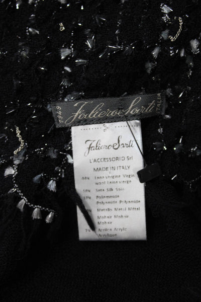 Faliero Sarti Womens Tweed Detail Fringe Trim Scarf Black Wool Blend