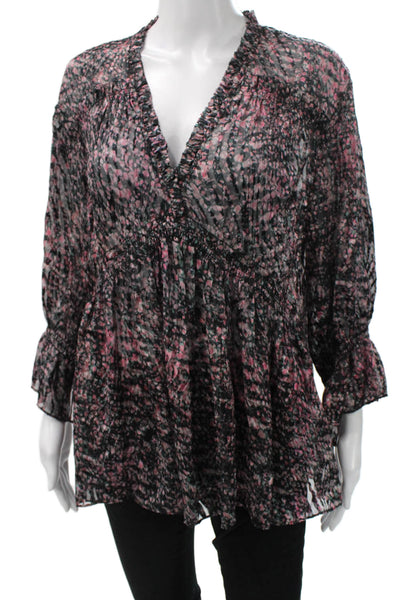 IRO Women Black Floral V-Neck Long Sleeve Tunic Blouse Silk Blend Boho Size 40