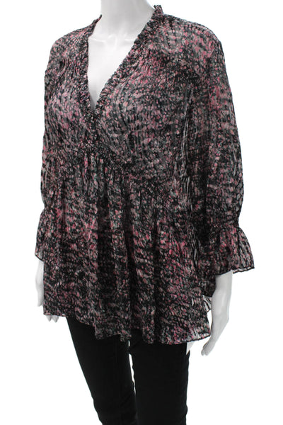 IRO Women Black Floral V-Neck Long Sleeve Tunic Blouse Silk Blend Boho Size 40