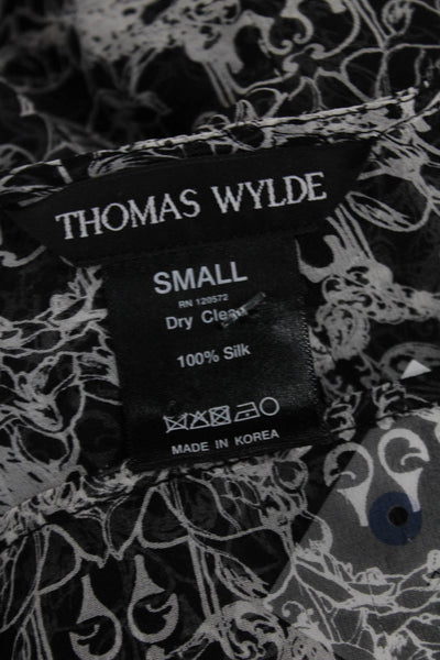 Thomas Wylde Women Kimono Blouse Black Silk Graphic 3/4 Sleeve Neck Size S