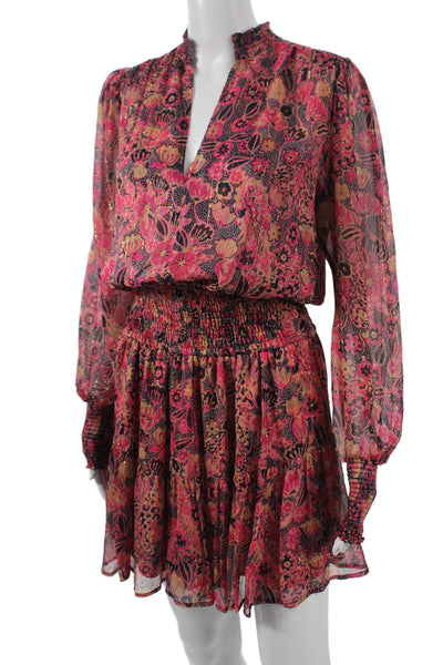 ALC Women Blouson Mini Floral Silk V-Neck Long Sleeve Dress Size 2