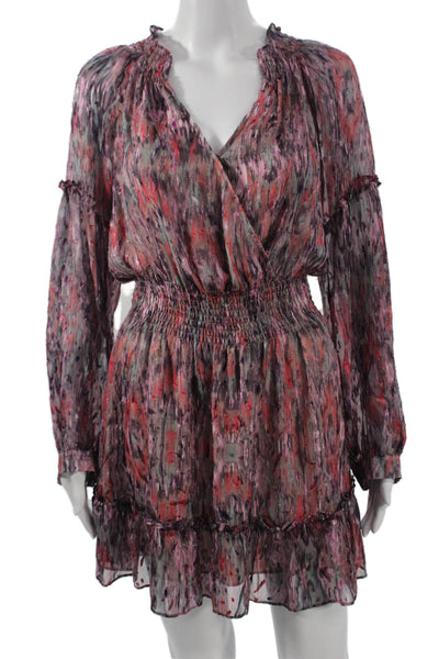 Parker Womens Blouson Wrap Dress Pink V-Neck Long Sleeve Size XS