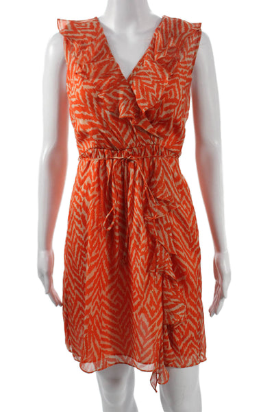 Milly Women Wrap Dress Orange Silk V Neck Animal Print Knee Length Size 2
