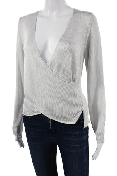Michelle Mason Women Blouse Gray V-Neck Long Sleeve Rayon Blend Size S