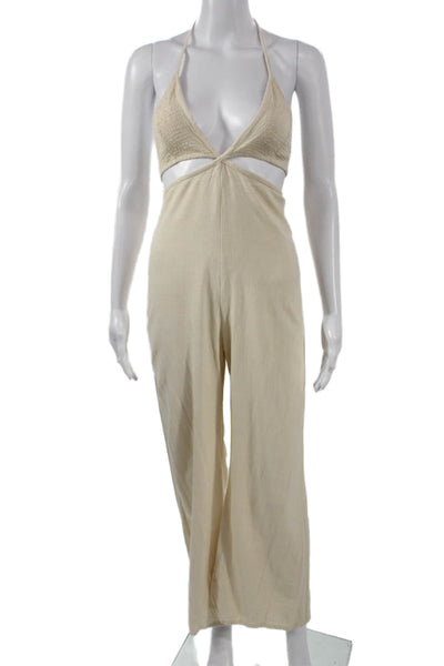 Indah Womens Beige Sleeveless V Neck Jumpsuit Rayon Linen Blend Size XS