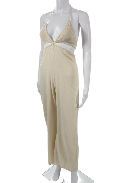 Indah Womens Beige Sleeveless V Neck Jumpsuit Rayon Linen Blend Size XS